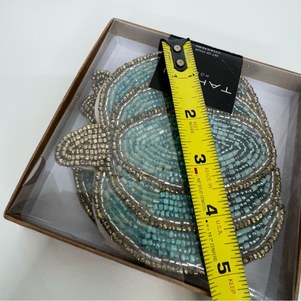 Tahari Home Set of 4 Pumpkin Drink Coasters Beaded Blue Aqua Teal & Gold New Nib - Picture 9 of 9